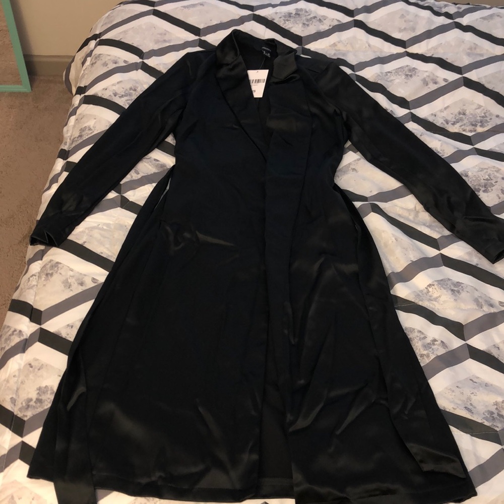 Satin Open Front with Tie Long Jacket